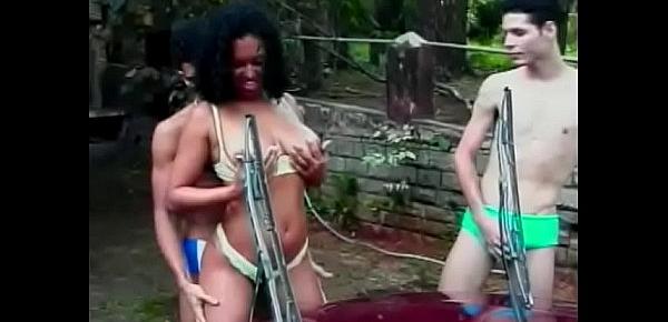  Car washing turned for juicy Brazilian floozie Sandra into nasty  double-barreled threesome outdoor action